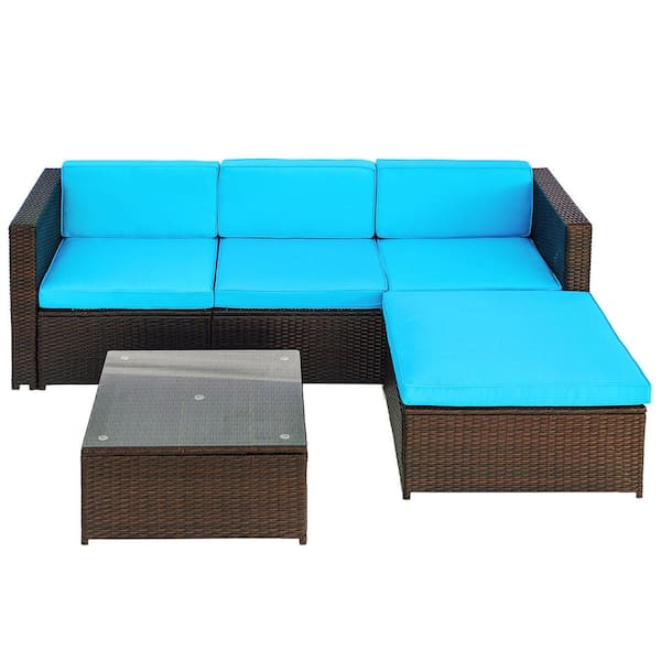 Unbranded Brown 5-Piece Wicker Outdoor Patio Sectional Set Garden Patio Sofa Set Garden with Blue Cushions