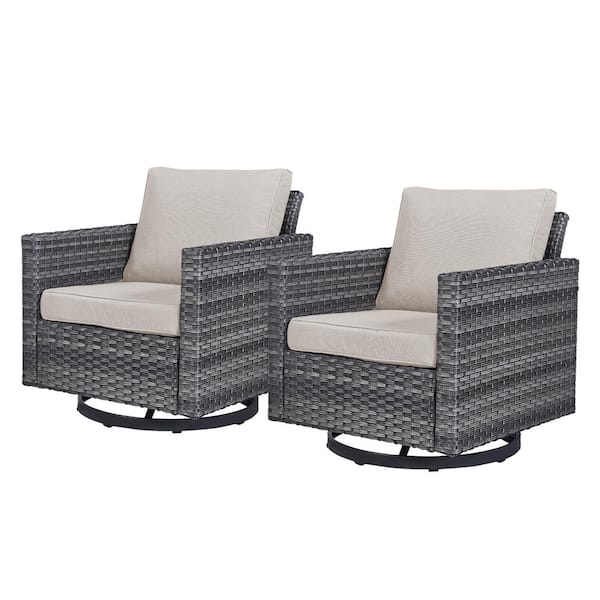 2-Piece Gray Wicker Patio Swivel Outdoor Rocking Chair Set with Beige Cushions