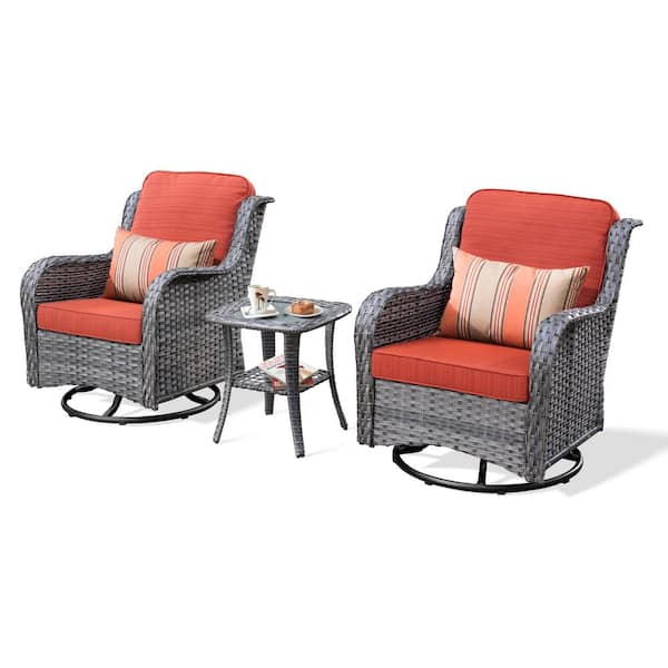 OVIOS Joyoung Gray 3-Piece Wicker Outdoor Patio Conversation Set with Orange Red Cushions and Swivel Rocking Chairs