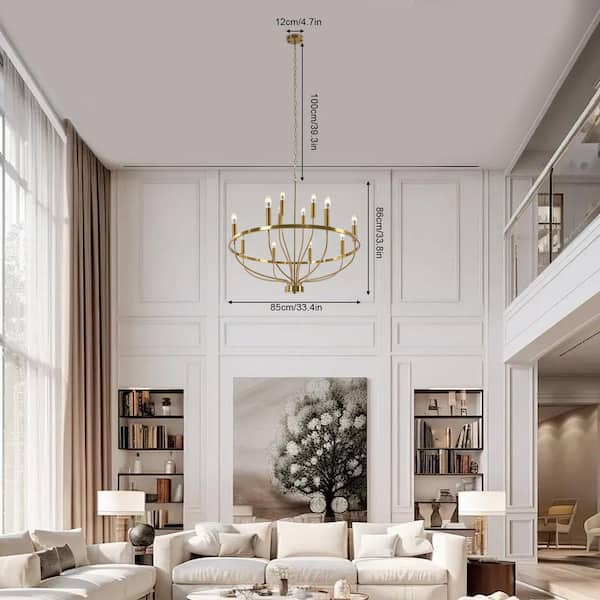 OUKANING 12-Light Gold Modern Candle Round Chandelier with