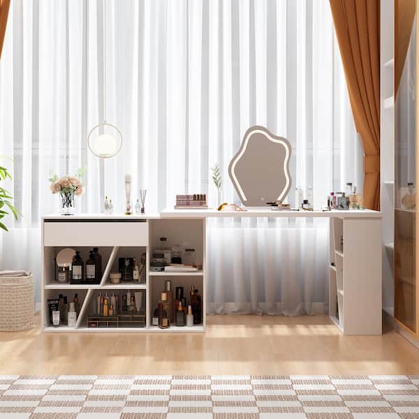 FUFU&GAGA 55.1 in. Width Rectangle White Wooden 1 Drawer Compuer Desk, Writing Home Office Desk with Open Storage Shelves