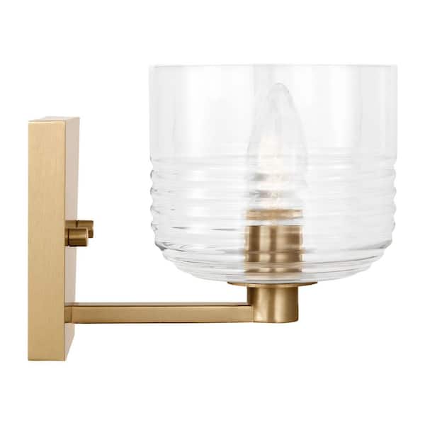SCOTT LIVING - Lochdale Small 5.375 in. 1-Light Satin brass Sconce Vanity Light with Clear Ribbed Glass Shade
