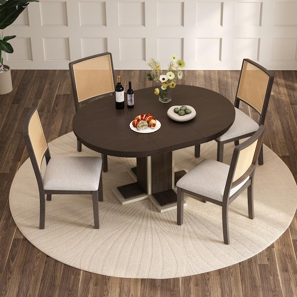Zeus & Ruta 5-Piece Patio Furniture Espresso Wood Outdoor Dining Set with Beige Cushion, 16 in. Middle Leaf, 4-Upholstered Chairs