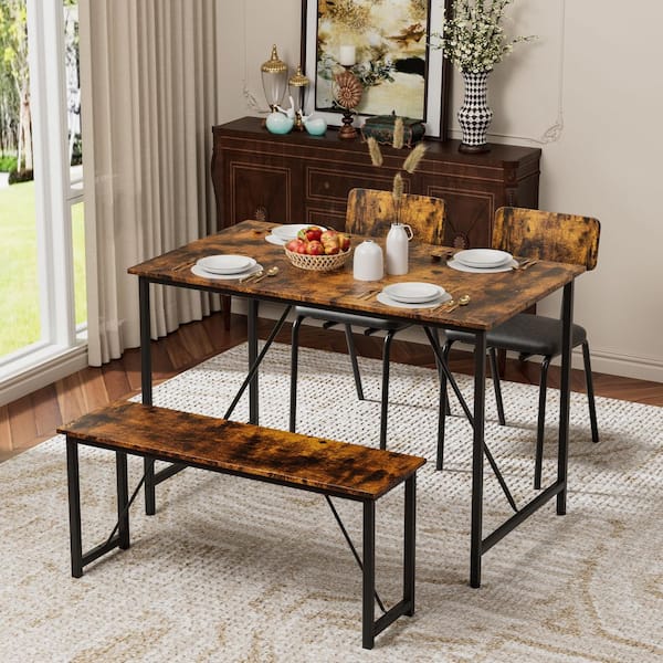 4-Piece Metal Outdoor Dining Set with Black Cushions, Kitchen Room Table and 2 Chairs for 4 with Bench for Home