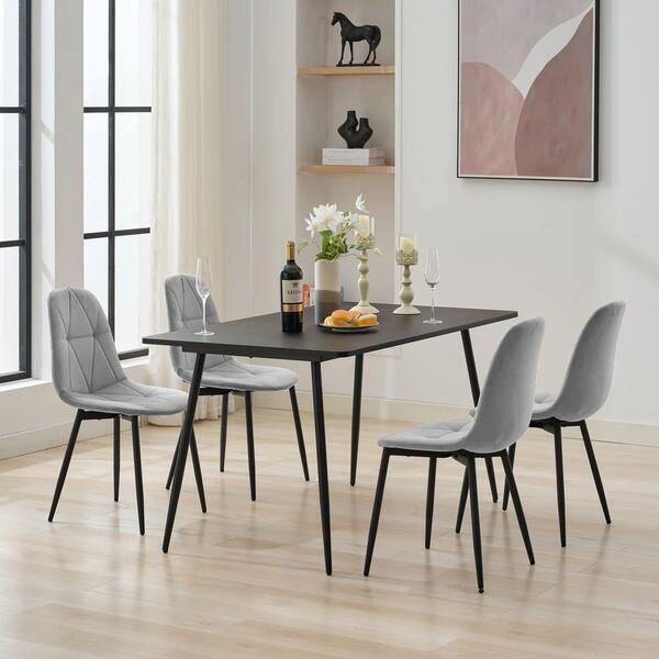 JEAREY 5-Piece Black Dining Table Set with 4 Side Gray Velvet Chairs ...