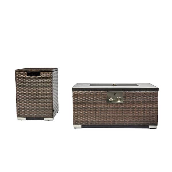 Tidoin 32 in. Brown 4,0000 BTU Rectangle Wicker Outdoor Fire Pit Table with Propane Tank Cover