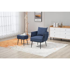 Navy Linen Accent Chair with Ottoman for Living Room Bedroom