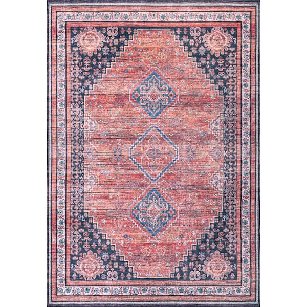 Dalyan Geometric Terra/Navy 4 ft. x 6 ft. Medallions Machine Washable Indoor Area Rug