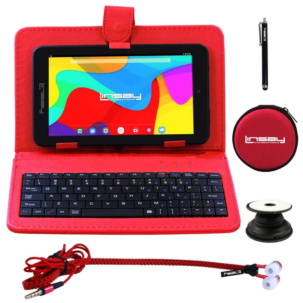 LINSAY 7 in. 64GB Android 13 Tablet with Red Leather Keyboard, Earphones, Holder and Pen