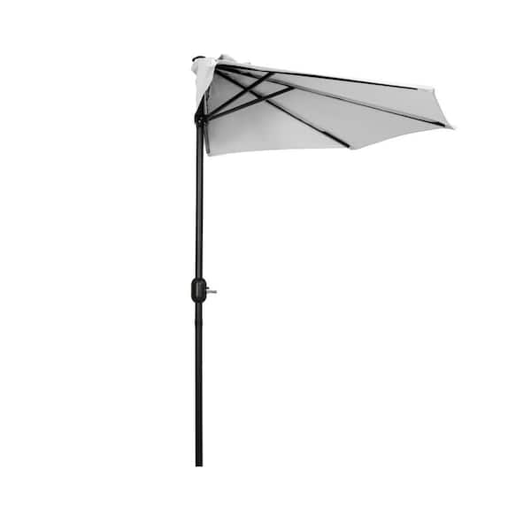 Fiji 9 ft. White Half Round Outdoor Patio Market Umbrella with Easy Crank Lift and Fillable Black Round Base