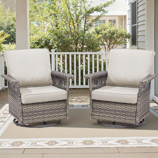 GliderNet Gray Wicker Outdoor Rocking Chair Patio Swivel Gliders with Beige Cushions (2-Pack)