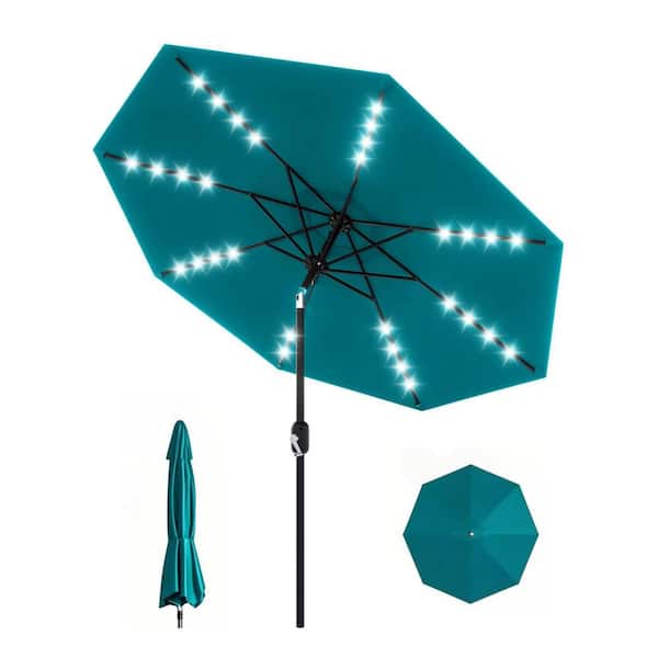 blue solar led lighted patio umbrella 10 ft. 8-Rib Round Solar LED Lighted Market Patio Umbrella in Turquoise Blue  with Crank Lift and Tilt ATYPPG_334VCLT8