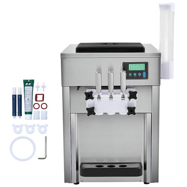 SVOPES 21 qt. /h Commercial Ice Cream Maker, 3.5 qt., Silver, 1800 W, 3-Flavor, 2 x 4 L Hopper, 2 x 1.8 L Cylinder, LCD Panel