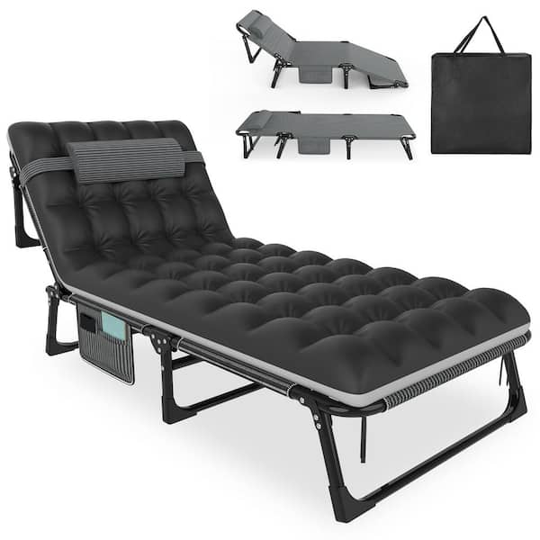 SEEUTEK Dgsea 3-in-1 Folding Portable Camping Cot Bed Adjustable Patio Chaise Lounge Chair Striped Gray Cot and Black/Gray Pad