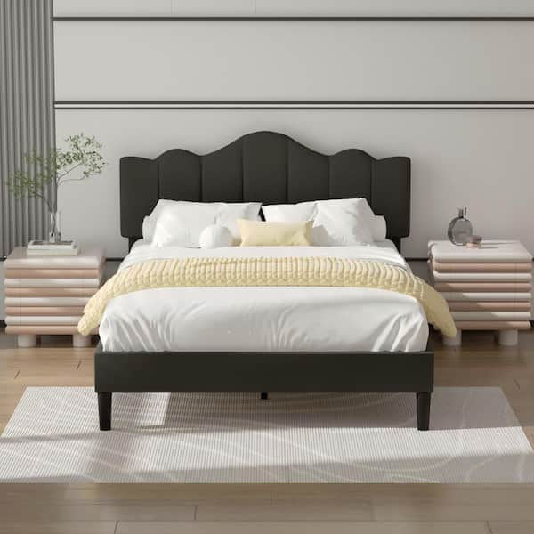 VECELO 54.3 in. W Gray Full Size Platform Bed Frame/Fabric Upholstered ...