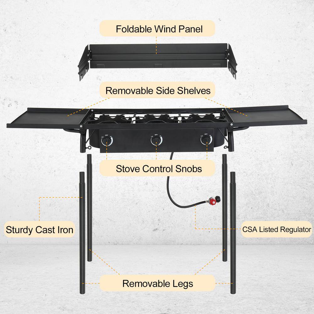 Portable Black 3-Burner Propane Gas Grill with Folding Shelves