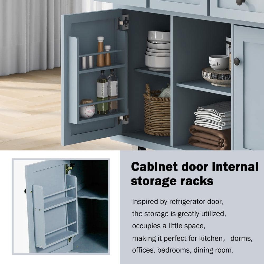 Blue Rubber Wood Kitchen Island with Drop-Leaf Countertop and Storage