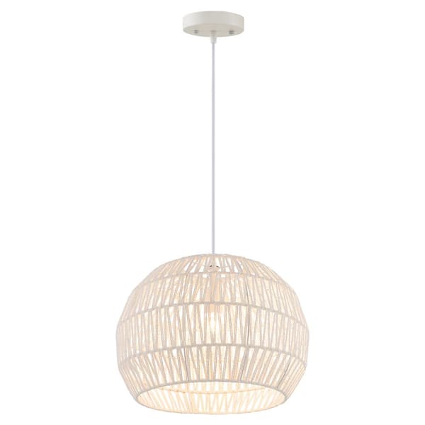 FORCLOVER 1 Light Beige Round Farmhouse Rattan Pendant Lights with Adjustable Hanging Rope