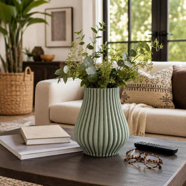 Liv & Skye 9 in. Green Ceramic Ribbed Round Decorative Vase HD20076-01
