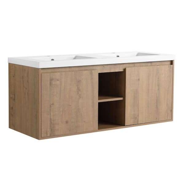 Modland Yunus 47 in. W x 18 in. D x 20 in. H Double Sink Floating Bath Vanity in Imitative Oak with White Cultured Marble Top