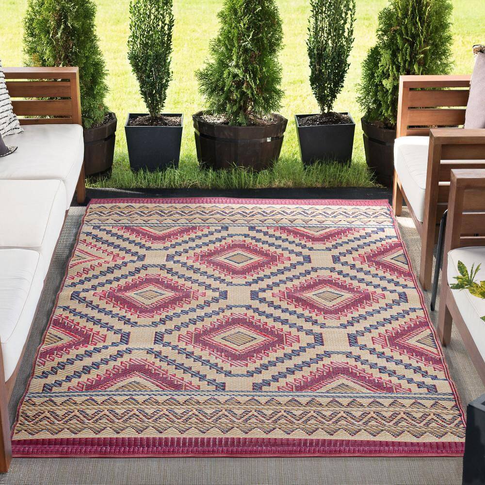 Sunset Burgundy Geometric 6'x9' Synthetic Indoor/Outdoor Rug