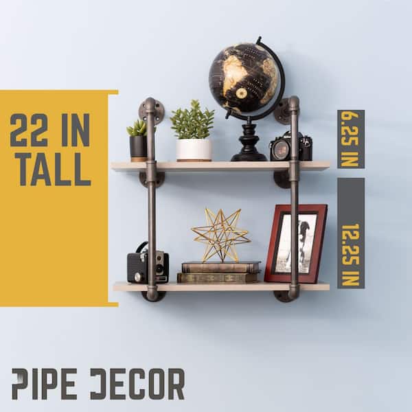 1/2 in. x 11.75 in. D x 22 in. H Black Steel Pipe Wall Mounted 2-Tier Shelf Kit 1/2 in. x 11.75 in. D x 22 in. H Black Steel Pipe Wall Mounted 2-Tier Shelf Kit