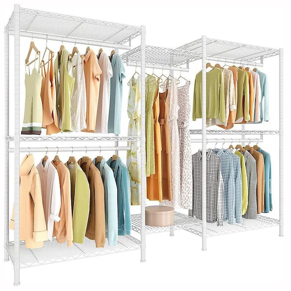 White Metal Garment Clothes Rack with Shelves 74.8 in. W x 76.8 in. H  rack-554 - The Home Depot