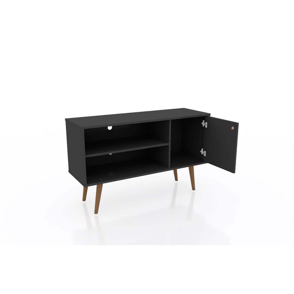 Black Mid-Century Modern TV Stand with Cabinet and Shelves