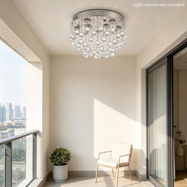 OUKANING 19.7 in. 9-Light Silver Modern Crystal Semi-Flush Mount