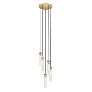 Beau 5-Light Rubbed Brass Shaded Round Chandelier with Clear Glass Shade with No Bulbs Included