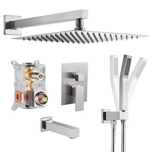 Rainfall 1-Spray Square 12 in. Tub and Shower Faucet with Hand Shower in Brushed Nickel (Valve Included)