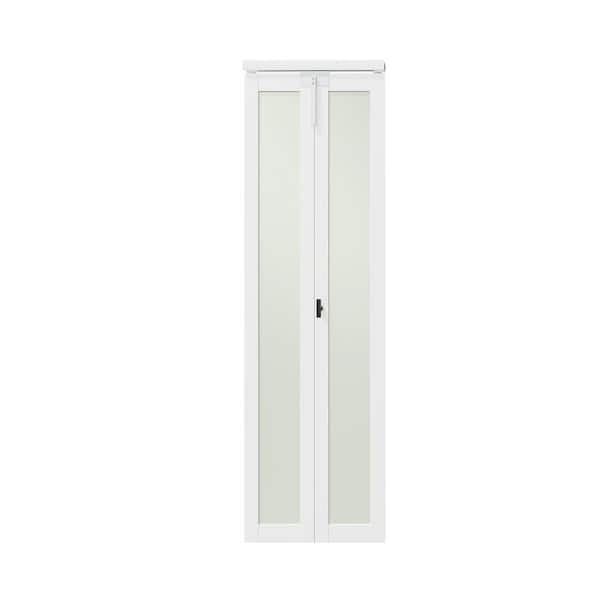 24 in. x 80 in. Frosted Glass Solid Core White Single Lite MDF Bi-fold Door with Lock, Handle and Hardware Kits