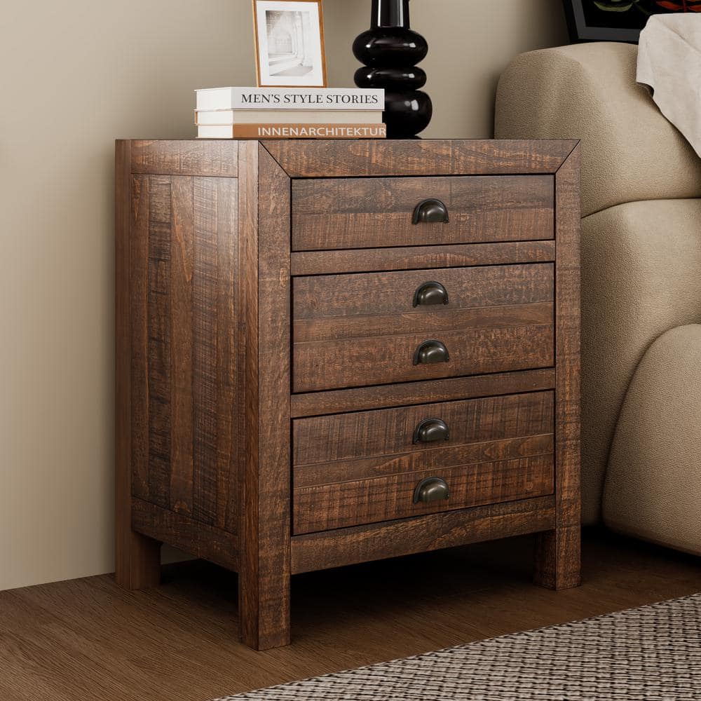 Rustic Brown Solid Pine Wood 3-Drawer Nightstand with Cup Pulls
