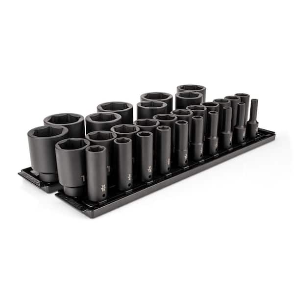 1/2 Inch Drive Deep 6-Point Impact Socket Set with Rails and Tray, 29-Piece (5/16-2 in. )