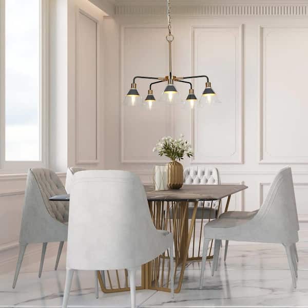 5-Light Modern Black & Brass Island Chandelier Light with Clear Glass Shades