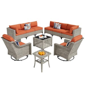 Thor 10-Piece Wicker Patio Conversation Seating Sofa Set with Orange Red Cushions and Swivel Rocking Chairs