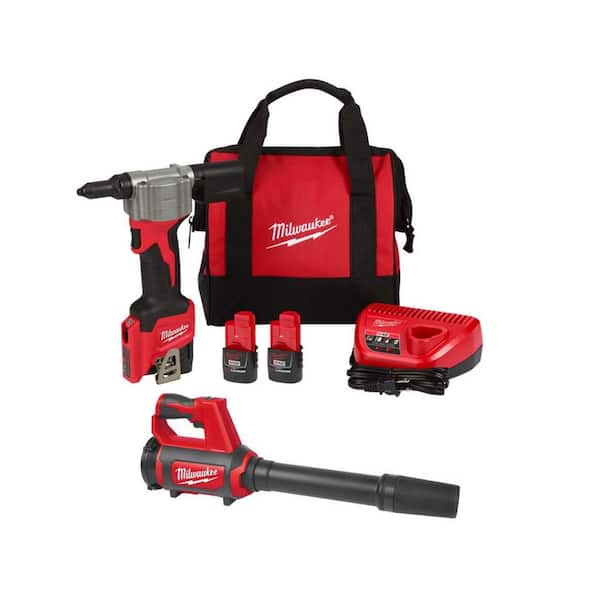 Milwaukee M12 12-Volt Lithium-Ion Cordless Rivet Tool Kit with (2) 1. 5Ah Batteries, Charger & Compact Spot Blower