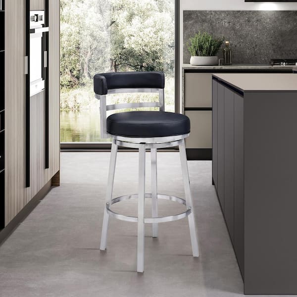 Armen Living Titana 36-40 in. Black/Brushed Stainless Steel Metal 30 in. Bar Stool with Faux Leather Seat