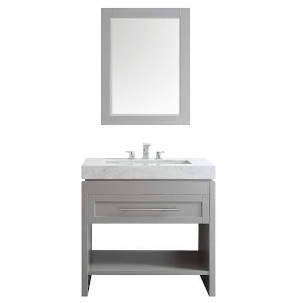 Vinnova Bolzana 36 in. W x 23 in. D x 36 in. H Vanity in Grey with Marble Vanity Top in Carrara with Carrara Basin and Mirror