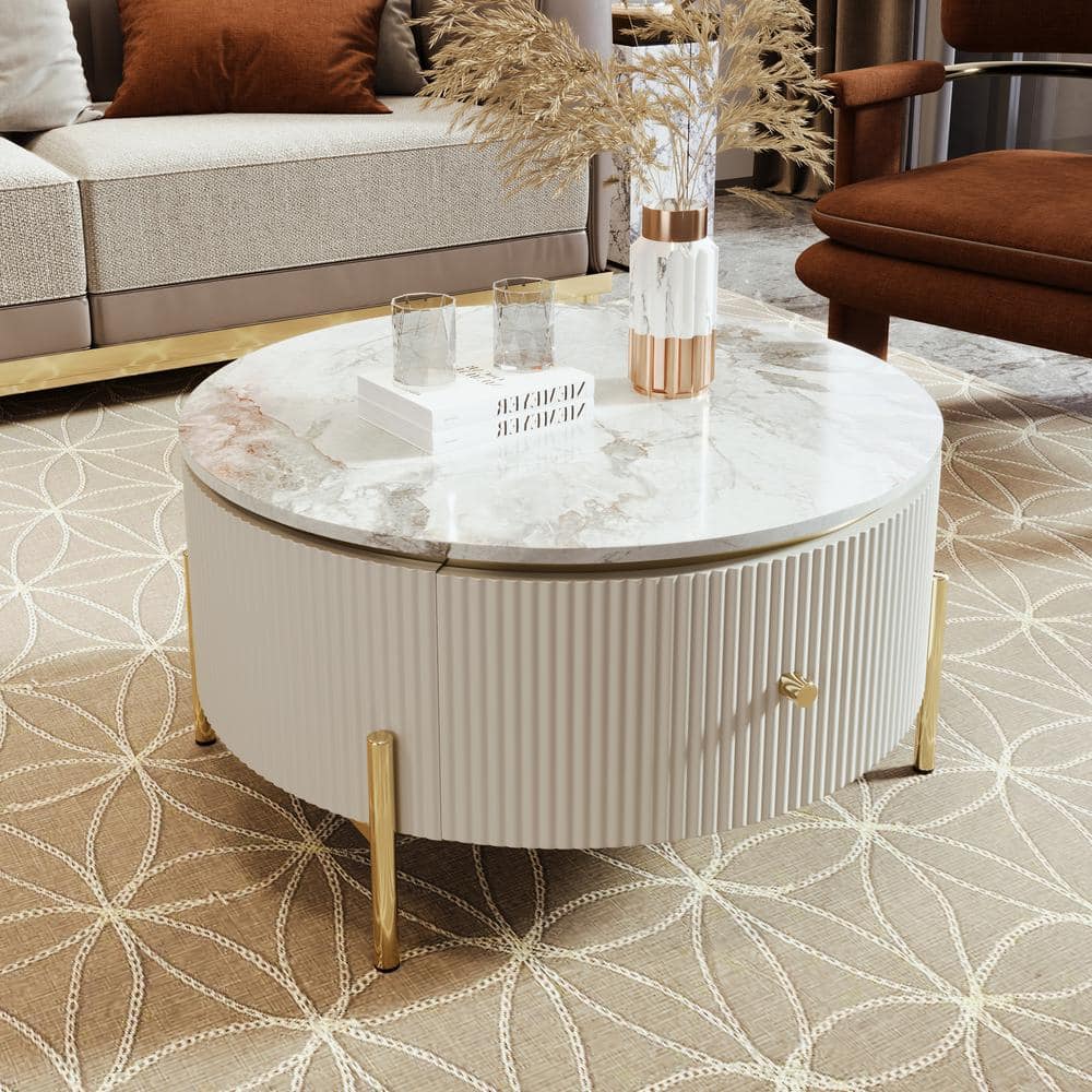 31.5 in. White Round Modern MDF Nesting Coffee Table with 2 Large ...