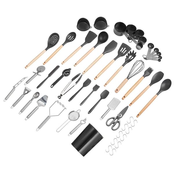 SKYSHALO Kitchen Cooking Utensils Set, 36 PCS Silicone Spatula Set with Holder, Heat Resistant Tools, Wooden Handles, Black