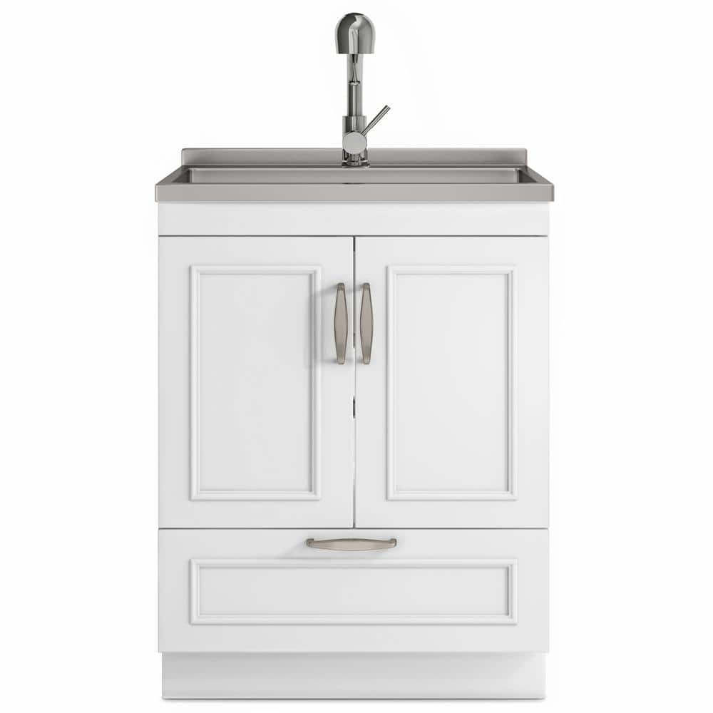 White 28-Inch Laundry Cabinet with Stainless Steel Sink
