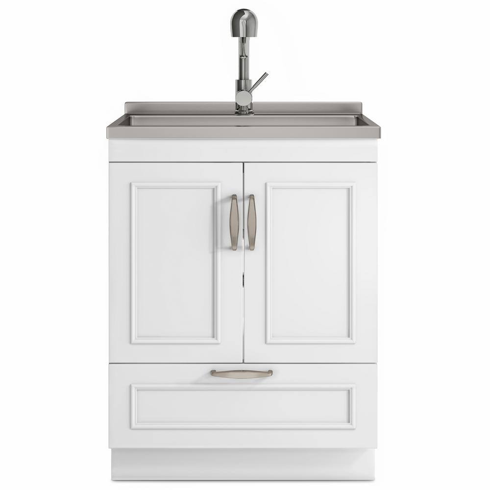 White 28-Inch Laundry Cabinet with Stainless Steel Sink