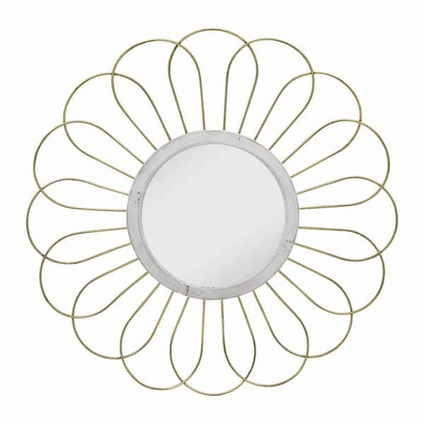 Benjara Gold Metal Wall Decor with Round Mirror and Overlapped Flower Petals