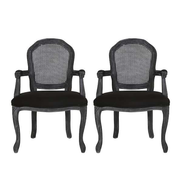 Noble House McKone Black and Gray Wood and Cane Upholstered Dining Arm Chair (Set of 2)