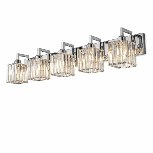 5-Light 36 In Chrome Crystal Indoor Bathroom Vanity Light, E26 Max 60W, Modern Crystal Wall Lamp