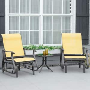 3-Piece Metal Square Table Outdoor Bistro Gliders Set, Tempered Glass Top Table and Breathable Mesh Fabric in Yellow