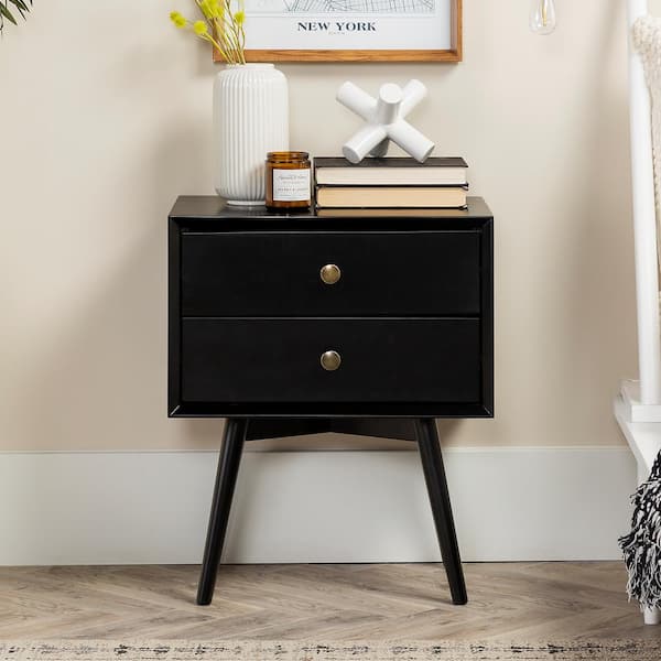 Walker Edison Furniture Company 20 in. W 2-Drawer Black Solid Wood Mid Century Modern Nightstand (24 in. H x 20 in. W x 14 in. D)
