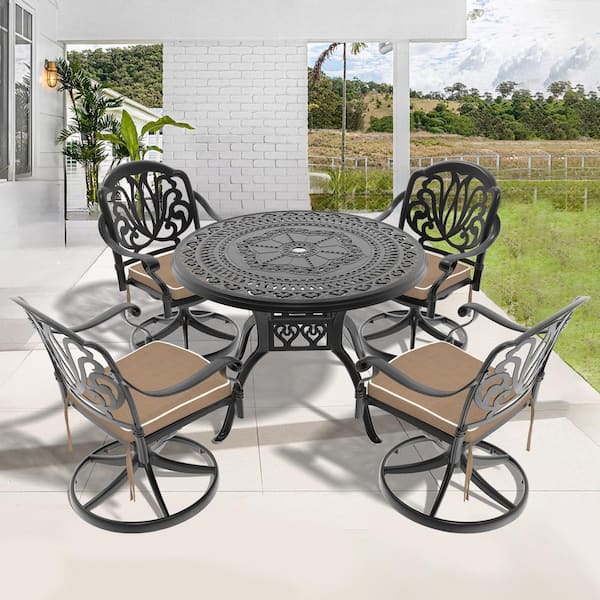 Black 5-Piece Cast Aluminum Round Outdoor Dining Set with Swivel Chairs and All-Weather Cushions