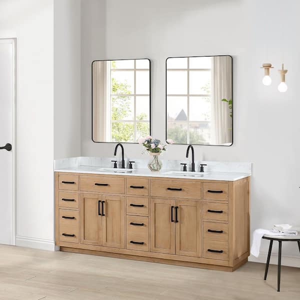 Gavino 84 in.W x 22 in.D x 34 in.H Bath Vanity in Light Brown with Grain White Composite Stone Top and Mirror